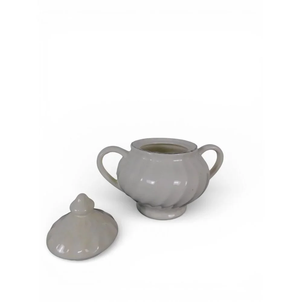 Vintage White Ceramic Sugar Bowl w Lid Double Handle Scalloped